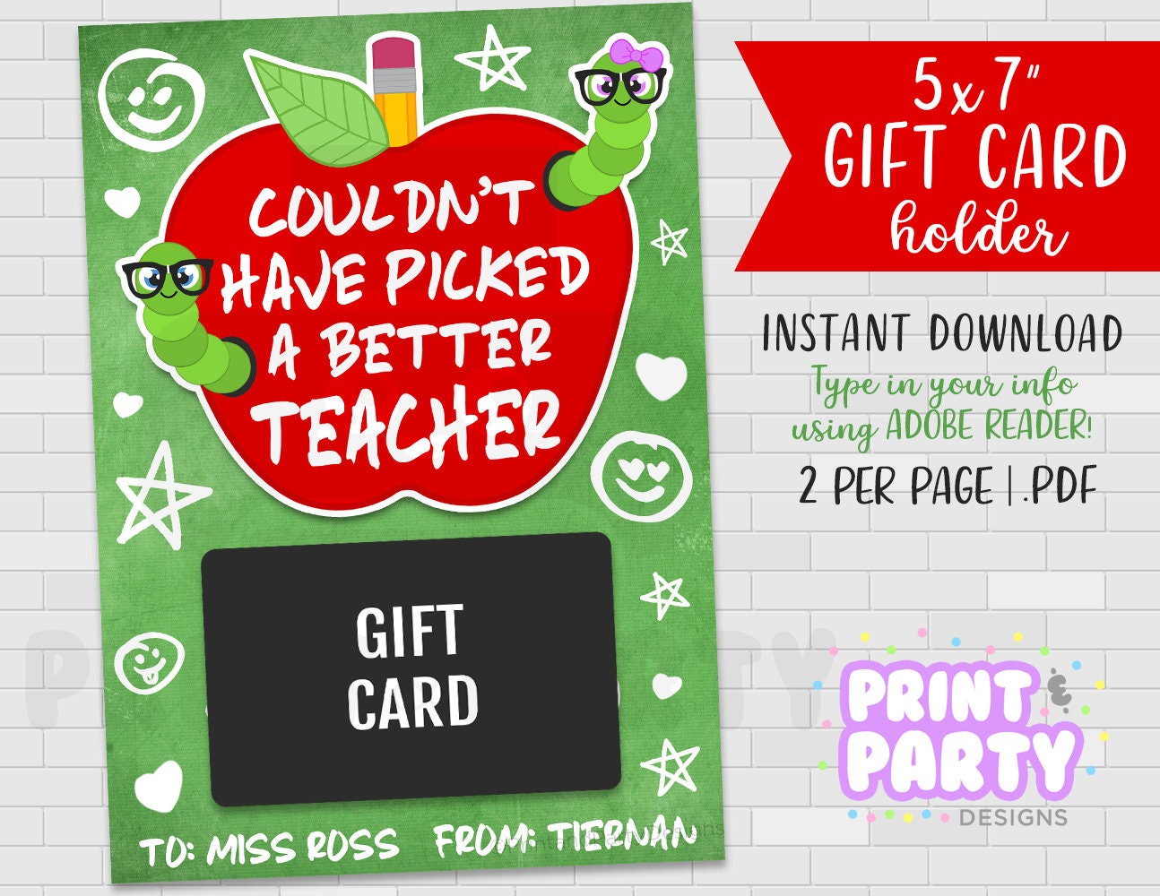 5x7 Printable Teacher Apple Gift Card Holder - Etsy