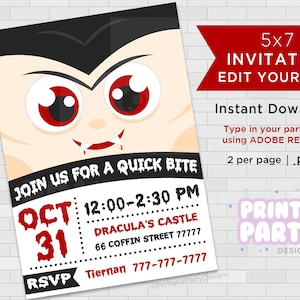 Inviti per feste di Halloween stampabili Dracula Vampire, inviti per mostri di Halloween 5x7, modifica te stesso, download istantaneo