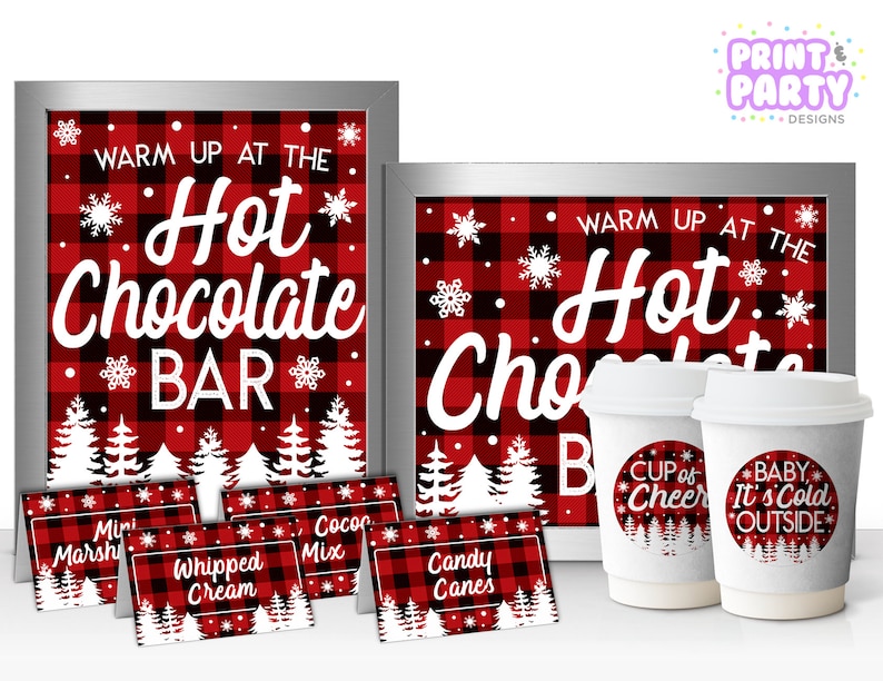 Printable Buffalo Plaid, Hot Chocolate Bar Kit, Office Holiday Party, Hot Cocoa Bar, Warm Up at the Hot Chocolate Bar, Instant Download image 1