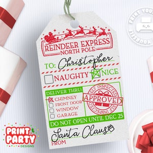 Druckbare von Santa Claus Weihnachtsgeschenkanhänger, Reindeer Express Nordpol Geschenkanhänger, Weihnachtsschaukelanhänger vom Weihnachtsmann, sofortiger Download