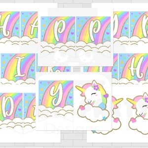 Printable Rainbow Unicorn Happy Birthday Banner, Unicorn Birthday Party, Glitter Unicorn Banner, Rainbow Unicorn Party, Instant Download image 2