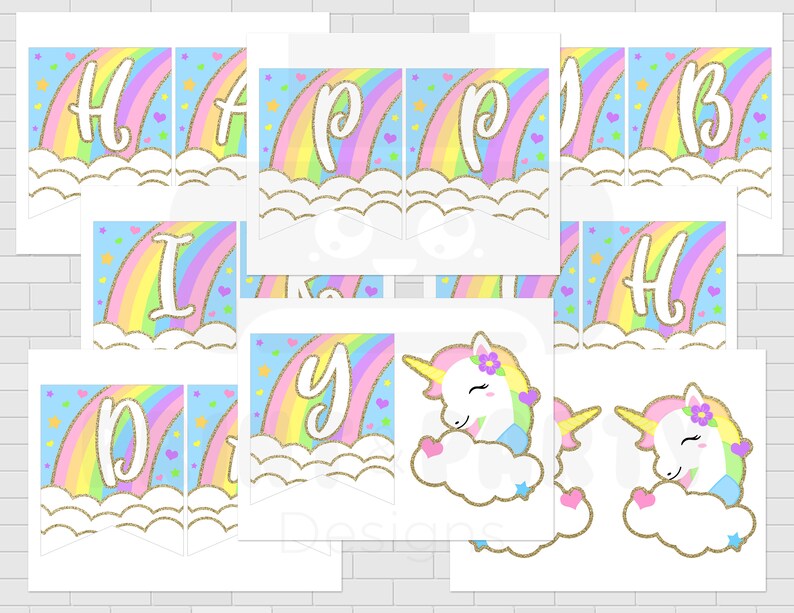 Printable Rainbow Unicorn Happy Birthday Banner, Unicorn Birthday Party, Glitter Unicorn Banner, Rainbow Unicorn Party, Instant Download image 2