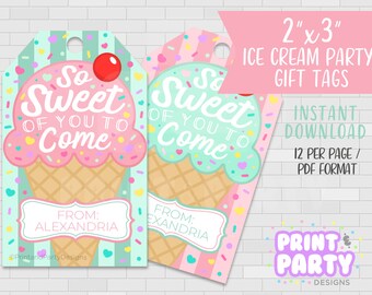 May include: Ice cream party gift tags, measuring 5.08cm x 7.62cm, in pink and mint green. The tags have an ice cream cone design with the text "So Sweet of You to Come." Includes space to write a name. Instant download, 12 per page.