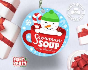 Sopa de muñeco de nieve imprimible Fiesta de Navidad Favor Etiquetas de regalo, Favor de fiesta navideña, Regalo de aula de Navidad, Etiquetas de chocolate caliente, Descarga instantánea