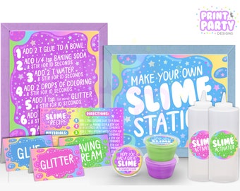 May include: A colorful slime station party kit with instructions, materials, and slime activator bottles. The kit includes a sign that says "Make Your Own Slime Station".