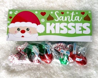 Printable Christmas Santa Kisses Treat Bag Toppers, Kid's Christmas Party Favor, Holiday Santa Claus Treat Bag Toppers, Instant Download
