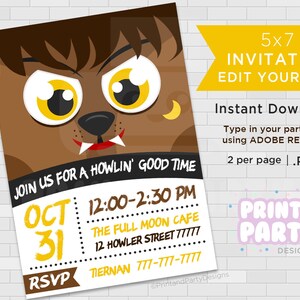 Printable Werewolf Halloween Party Invitations, 5x7 Halloween Monster Invitations, Edit Yourself, Instant Download image 1