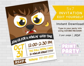 Printable Werewolf Halloween Party Invitations, 5x7 Halloween Monster Invitations, Edit Yourself, Instant Download