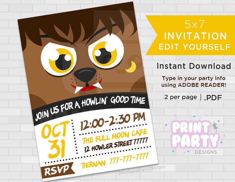 Printable Werewolf Halloween Party Invitations, 5x7 Halloween Monster Invitations, Edit Yourself, Instant Download image 1