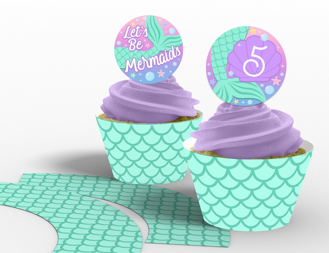 2 Printable Mermaid Cupcake Topper and Wrapper, Mermaid Birthday Party