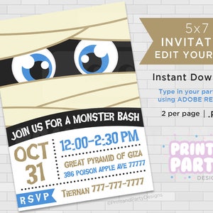 Inviti per feste di Halloween con mummia stampabili, inviti per mostri di Halloween 5x7, modifica te stesso, download istantaneo