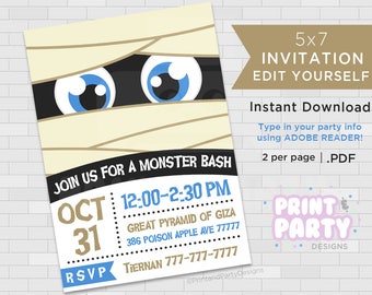 Printable Mummy Halloween Party Invitations, 5x7 Halloween Monster Invitations, Edit Yourself, Instant Download