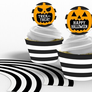 Printable 2in. Jack O Lantern Halloween Cupcake Toppers & Wrappers, Halloween Party Supplies, Pumpkin Cupcake Toppers, Instant Download image 1