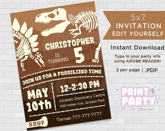 Printable Boy's Dinosaur Fossil Birthday Party Invitations, Dinosaur Birthday Party, Dinosaur Fossil Party, Edit Yourself, Instant Download