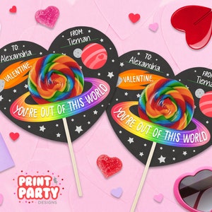 Afdrukbare Je bent niet van deze wereld Valentijnsdagkaarten, Outer Space Lollipop Valentine, Valentijnsdag Klascadeau, Instant Download