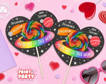Afdrukbare Je bent niet van deze wereld Valentijnsdagkaarten, Outer Space Lollipop Valentine, Valentijnsdag Klascadeau, Instant Download