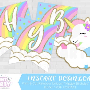 Printable Rainbow Unicorn Happy Birthday Banner, Unicorn Birthday Party, Glitter Unicorn Banner, Rainbow Unicorn Party, Instant Download image 1