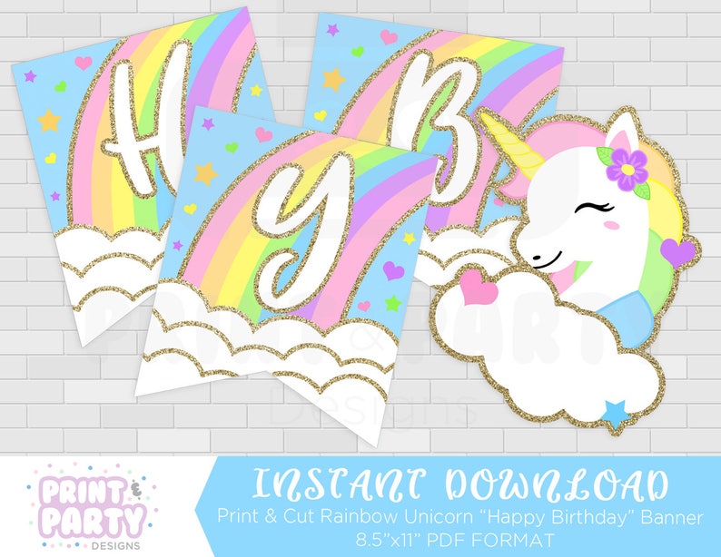 Printable Rainbow Unicorn Happy Birthday Banner, Unicorn Birthday Party, Glitter Unicorn Banner, Rainbow Unicorn Party, Instant Download image 1