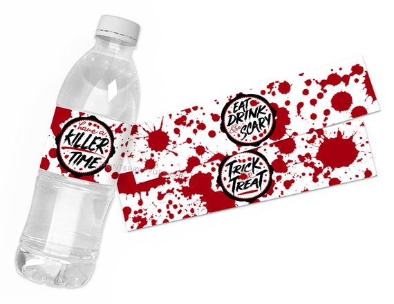 Printable Blood Splatter Halloween Water Bottle Labels, Halloween Party Supplies, Vampire Blood Water Bottle Wraps, Have A Killer Time Il_570xn