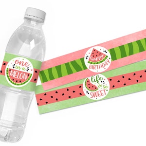 Printable Watermelon Water Bottle Labels, Watermelon Birthday Party Supplies, Watermelon Juice Water Bottle Wraps, One in a Melon