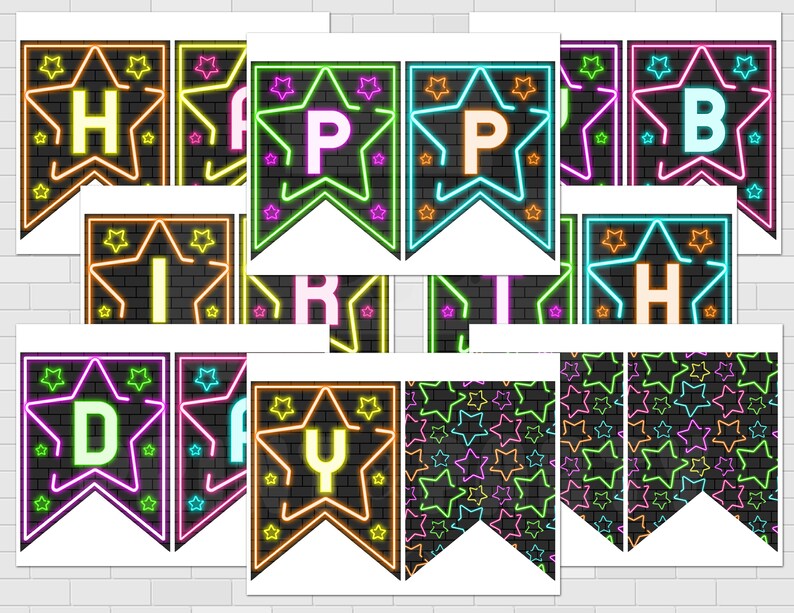 May include: Printable neon sign banner with the word "Happy Birthday" in colorful neon letters on a black brick background with neon stars.