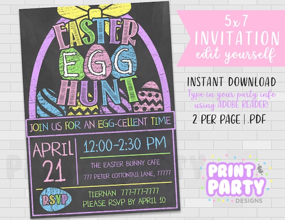 5x7 Printable Chalkboard Easter Egg Hunt Invitation, Spring Church Event Invite, Egg-Cellent Invite, Edit Yourself, Instant Download Il_570xn