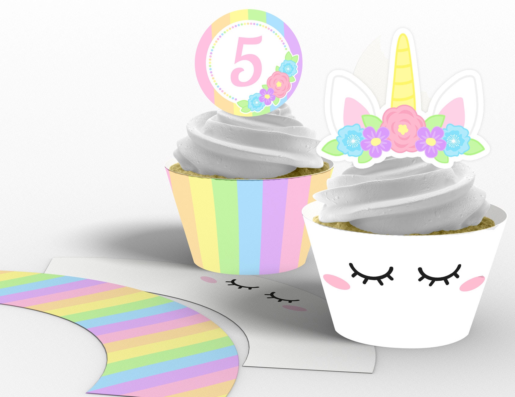 printable girl unicorn horn cupcake toppers and wrappers etsy