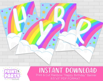 Printable Rainbow Happy Birthday Party Banner, Rainbow Birthday Party Decorations, Rainbow Party Supplies, Rainbow Bunting, Instant Download