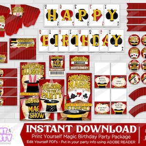 Printable Magic Show Birthday Party Decorations, Magician Birthday Party Supplies Decorations, Magic Party, Edit Yourself. Instant Download