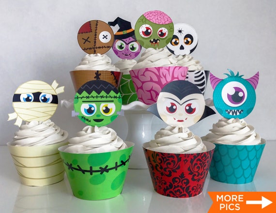 Printable Cute Halloween Cupcake Toppers and Wrappers, Kid's Halloween Party, Halloween Cupcake Favors, Print Yourself, Instant Download Il_570xn