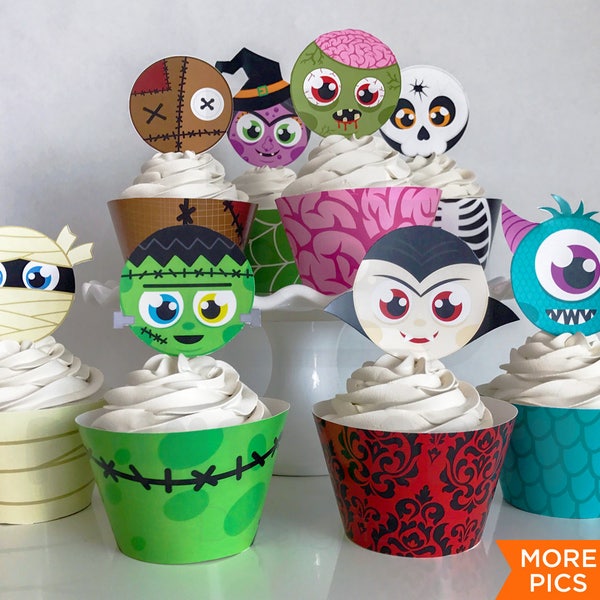 Printable Cute Halloween Cupcake Toppers and Wrappers, Kid's Halloween Party, Halloween Cupcake Favors, Print Yourself, Instant Download