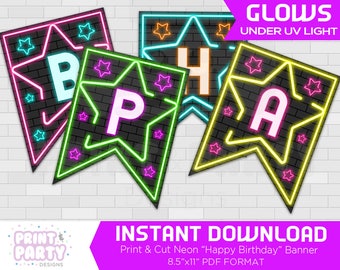 Printable Neon Glow Blacklight Happy Birthday Banner, Glow Banner, Glow Birthday Party, 80s Birthday Party, Instant Download