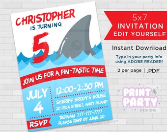 Printable Boy's Shark Birthday Party Invitations, Great White Shark Invites, Shark Week Invitations, Edit Yourself, Instant Download