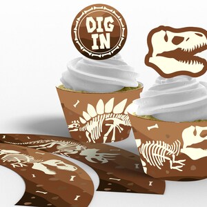 Printable Dinosaur Fossil Cupcake Toppers and Wrappers, Dinosaur Fossil Birthday Party, Dinosaur Cupcakes, Edit Yourself, Instant Download