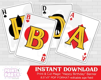 Printable Magic Playing Card Happy Birthday Banner, Boy's Magic Birthday Party, Magician Party, Magic Party Decorations, Instant Download
