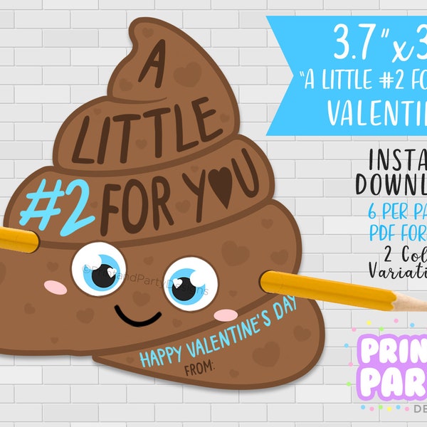 Printable Poop Emoji Pencil Valentines, A Little Number 2 For You, Boy's Valentines Day Cards, Funny Gross Valentine, Instant Download