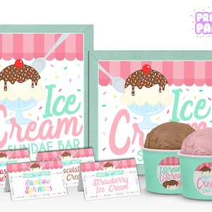 Printable Mint and Pink Ice Cream Sundae Bar Kit, Ice Cream Birthday Party Supplies, Ice Cream Bar Sign, Ice Cream Social, Instant Download