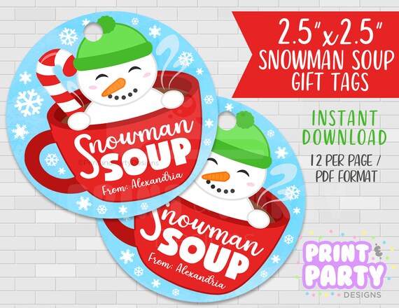 Printable Snowman Soup Christmas Party Favor Gift Tags, Holiday Party Favor, Christmas Classroom Gift, Hot Chocolate Tags, Instant Download Il_570xn