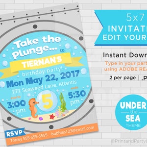 May include: A blue and yellow invitation for a 5th birthday party with an under the sea theme. The invitation features a cartoon seahorse and a bubble with the number 5 inside. The text on the invitation reads "Take the Plunge... to Tiernan's birthday party! Mon May 22, 2017 777 Seaweed Lane, Atlantis Starts 3:00 pm ends 5:30 pm RSVP Tracey 555-555-5555 bubbles123@email.com 5x7 Invitation Edit Yourself Instant Download Type in your party info using Adobe Reader! 2 per page .PDF Under the Sea Theme PrintandPartyDesigns"