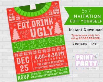 Printable Ugly Sweater Invitations, Tacky Sweater Invitations, Christmas Sweater Party Invitations, Edit Yourself, Instant Download