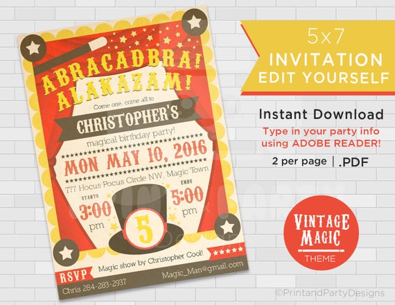 Vintage Magic Birthday Invitations - 5"x7" Invitations - Birthday - Edit Yourself - Magic Party - Instant Download - Adobe Reader Il_570xn