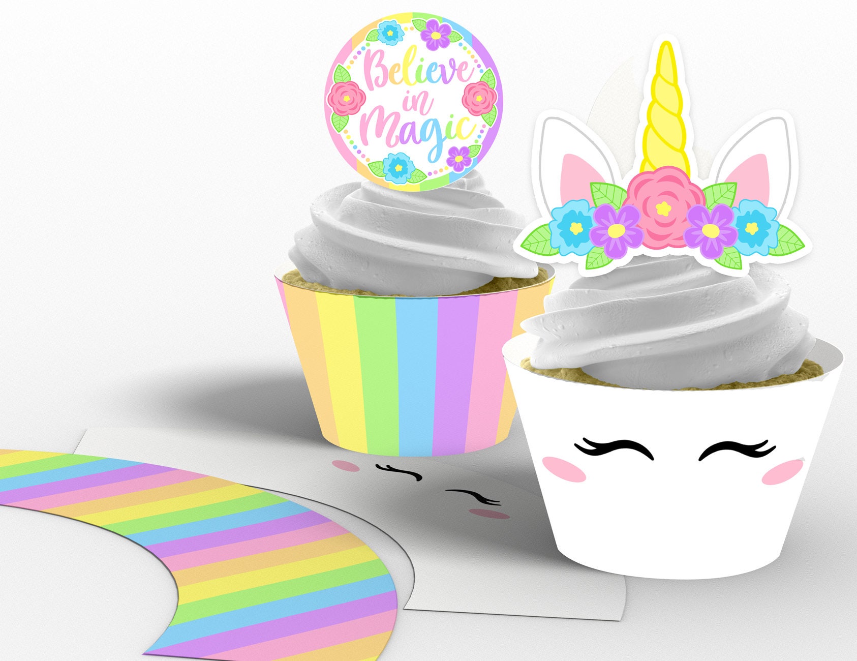 printable girl unicorn horn cupcake toppers and wrappers
