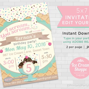 Printable Girl&#39;s Ice Cream Birthday Party Invitations, Ice Cream Party, Ice Cream Social Invitations, Edit Yourself, Instant Download