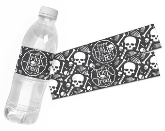 Printable Skeleton Halloween Water Bottle Labels, Halloween Party Supplies, Skull Halloween Water Bottle Wraps, Trick or Treat