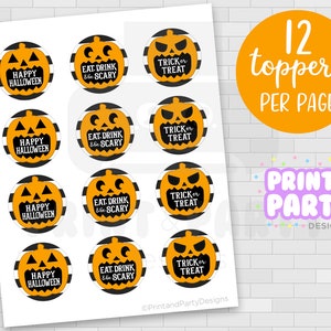 Printable 2in. Jack O Lantern Halloween Cupcake Toppers & Wrappers, Halloween Party Supplies, Pumpkin Cupcake Toppers, Instant Download image 2