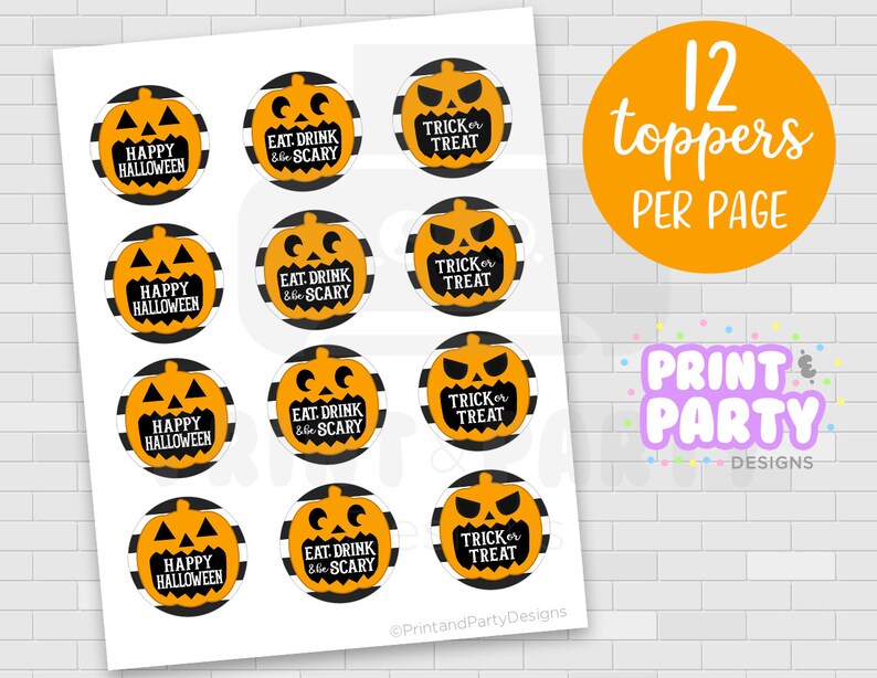 Printable 2in. Jack O Lantern Halloween Cupcake Toppers & Wrappers, Halloween Party Supplies, Pumpkin Cupcake Toppers, Instant Download image 2