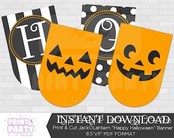 Printable Pumpkin Happy Halloween Banner, Halloween Party Decorations, JackOLantern Party Printables, Instant Download