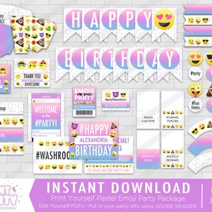 Printable Pastel Emoji Birthday Party Decor, Emoji Birthday Party Decor, Printable Emoji Party Decor, Instant Download, Adobe Reader