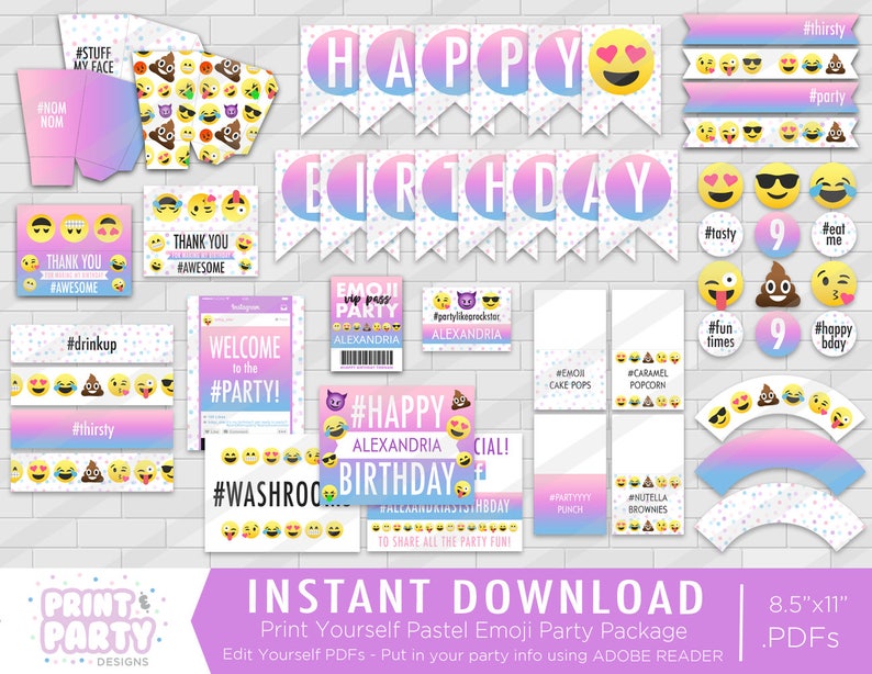 Printable Pastel Emoji Birthday Party Decor, Emoji Birthday Party Decor, Printable Emoji Party Decor, Instant Download, Adobe Reader image 1