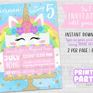 5x7 Printable Unicorn Cake Birthday Party Invitation, Unicorn Party Supplies, Rainbow Unicorn Invitation, Edit Yourself, Instant Download